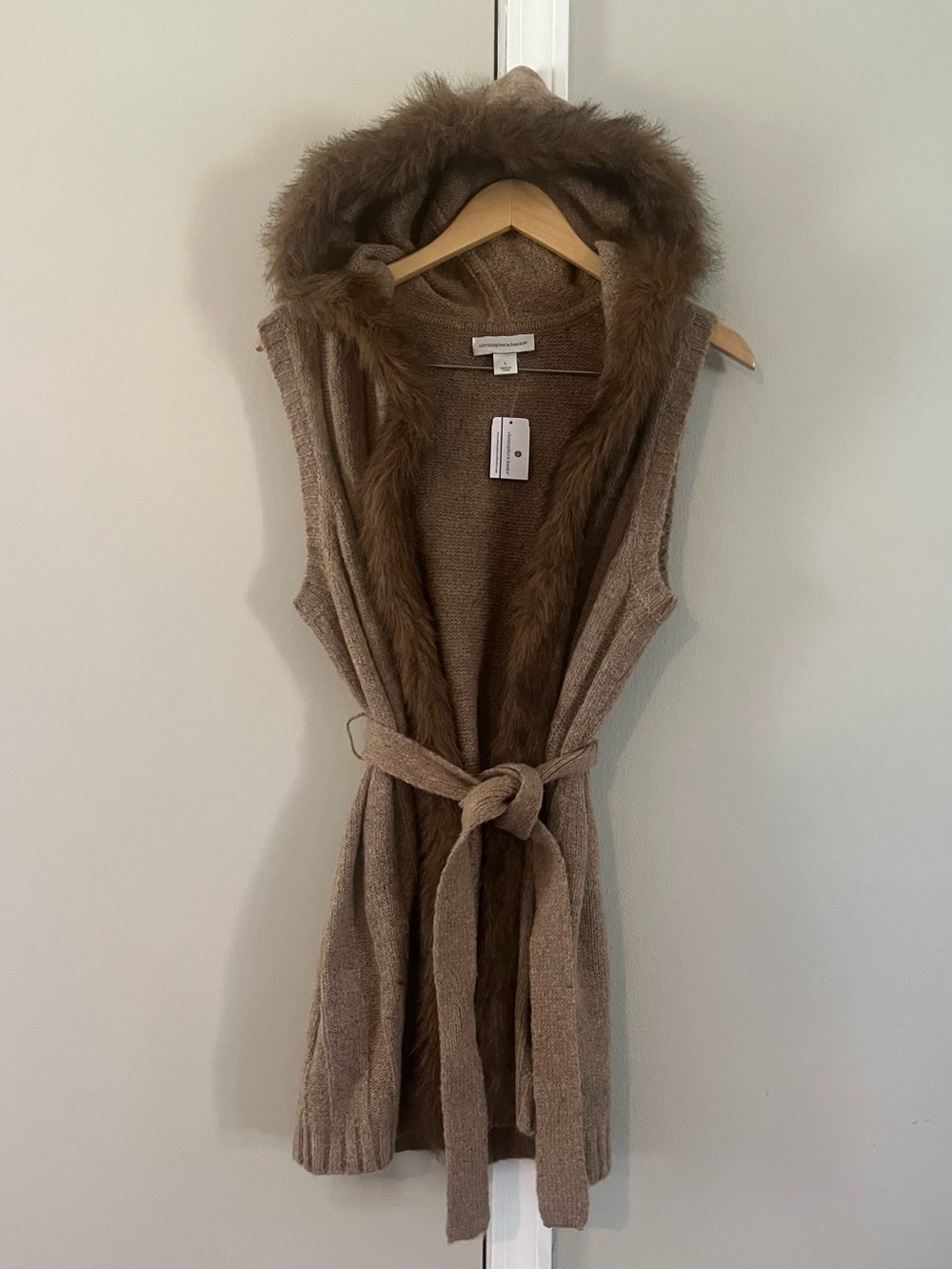 NWT Christopher & Banks Sleeveless Hooded Faux-Fur Trim Knit Vest - Brown